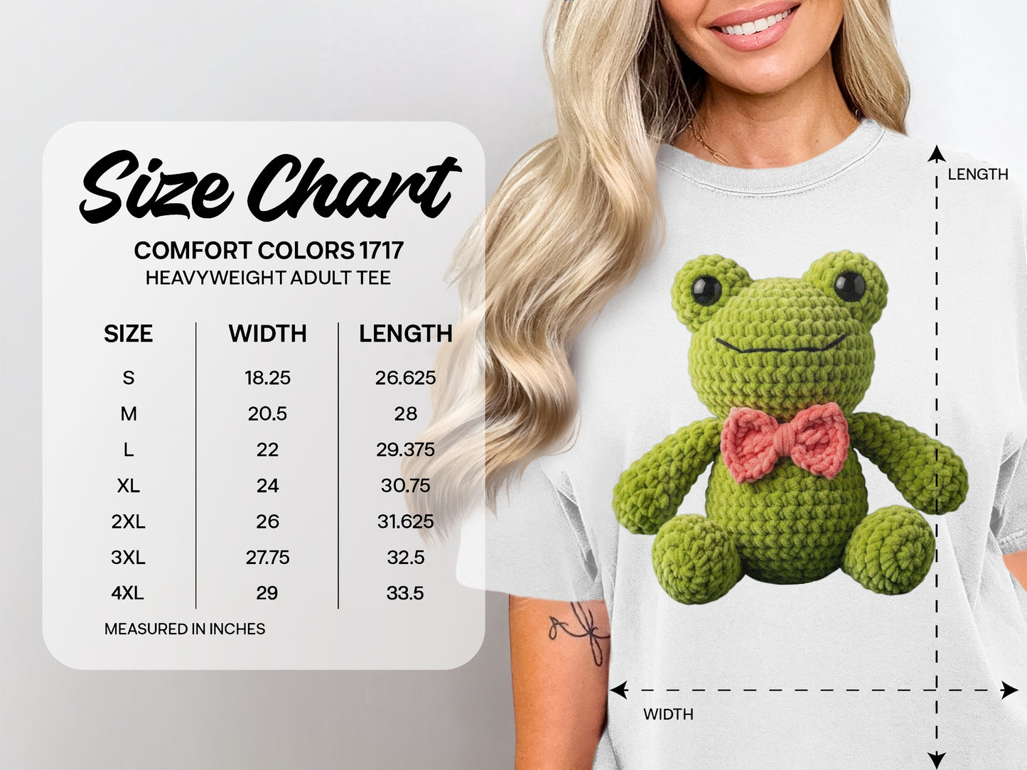 Comfort Colors 1717 heavyweight adult tee size chart showing width and length in inches.