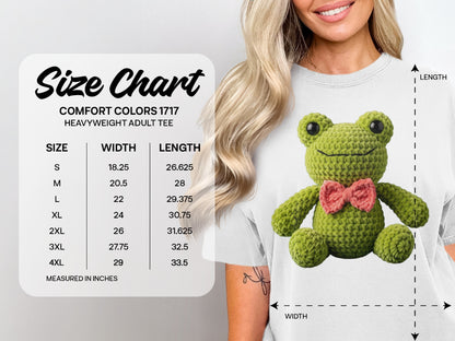 Comfort Colors 1717 heavyweight adult tee size chart showing width and length in inches.