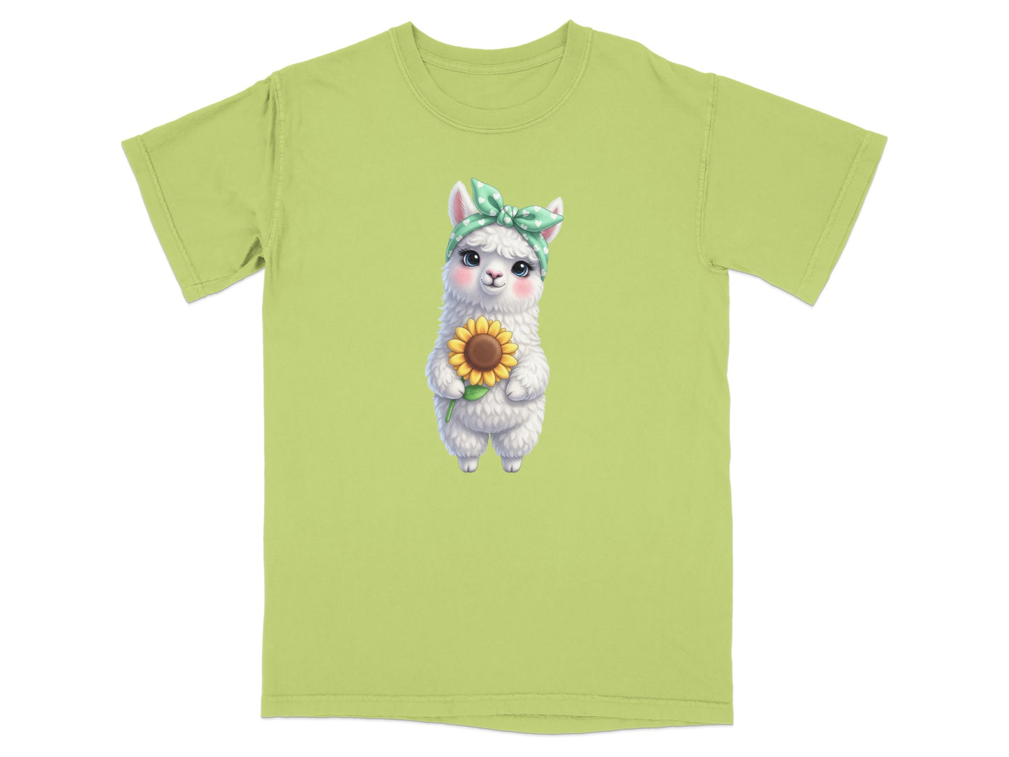 Green t-shirt with cartoon llama holding a sunflower and wearing a bandana.
