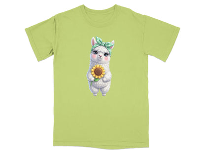 Green t-shirt with cartoon llama holding a sunflower and wearing a bandana.