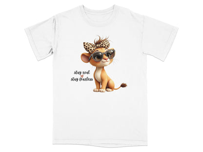 T-shirt with a cartoon lion cub wearing sunglasses and a leopard print bow.