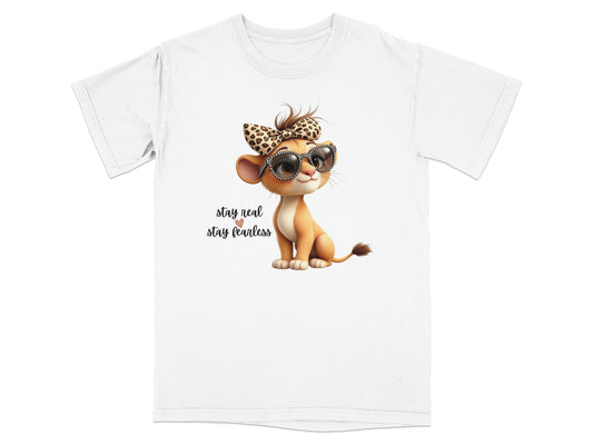 T-shirt with a cartoon lion cub wearing sunglasses and a leopard print bow.