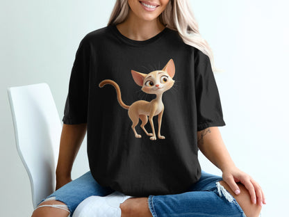 Black t-shirt with cartoon cat illustration.