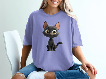 Purple t-shirt with a cartoon black cat illustration.