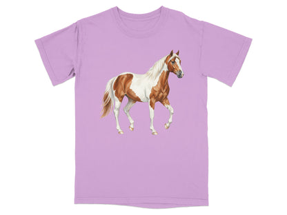 Lavender t-shirt with a brown and white painted horse illustration.
