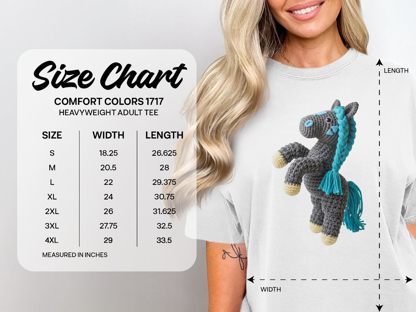 Comfort Colors 1717 heavyweight adult tee size chart with measurements.