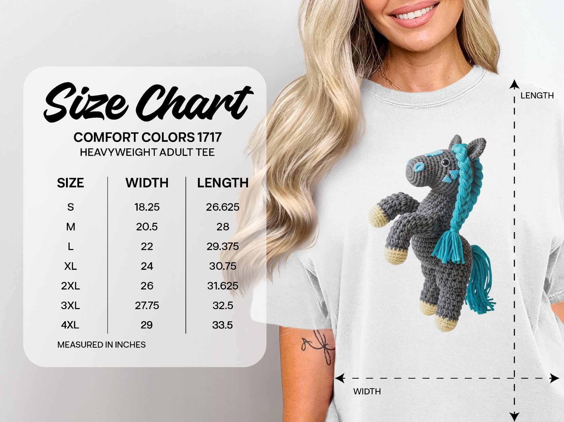 Comfort Colors 1717 heavyweight adult tee size chart with measurements.