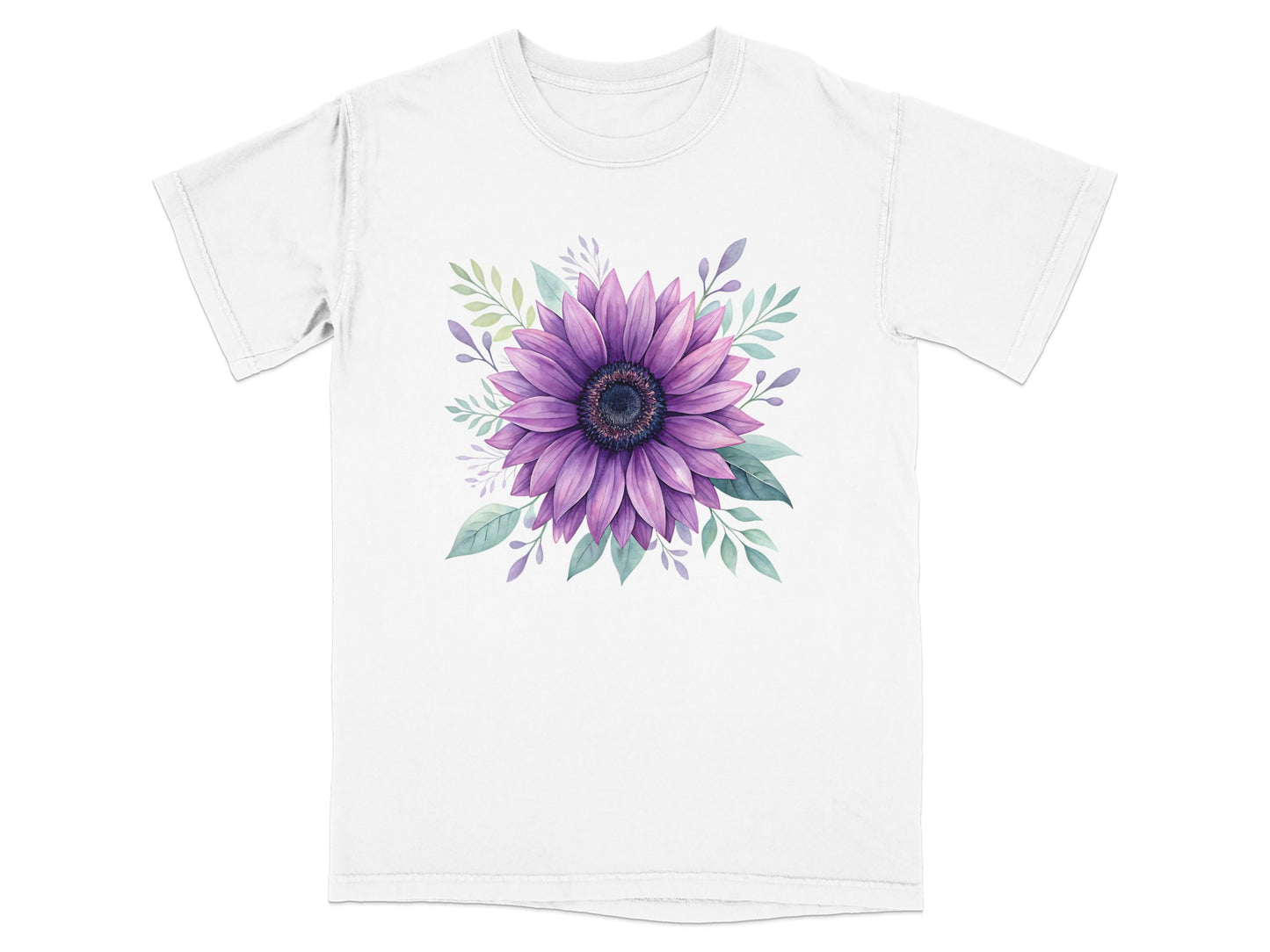 White t-shirt with a purple watercolor sunflower and green leaves design.