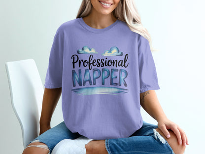 Lavender t-shirt with "Professional Napper" text and cloud graphic.