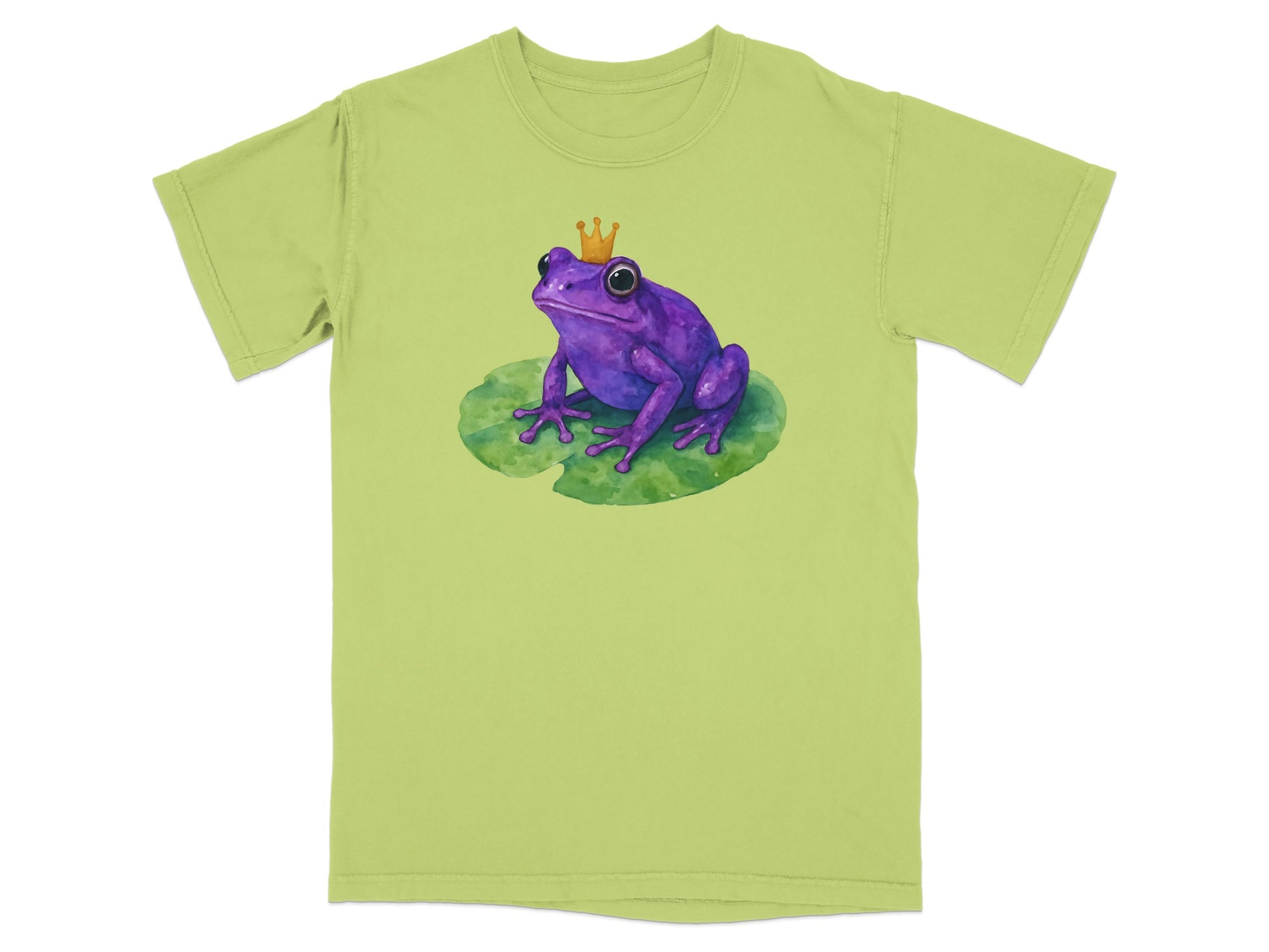 Purple frog wearing a gold crown sits on a green lily pad.