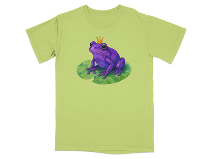 Purple frog wearing a gold crown sits on a green lily pad.