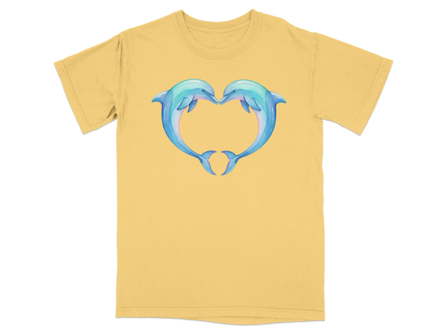Two blue watercolor dolphins forming a heart shape on a yellow t-shirt.