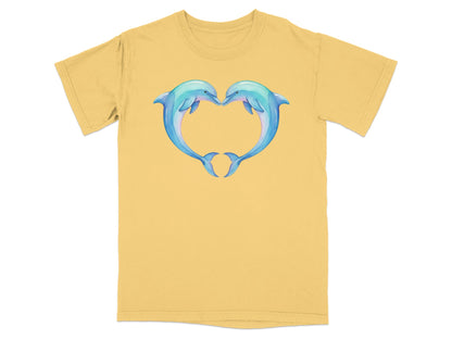 Two blue watercolor dolphins forming a heart shape on a yellow t-shirt.