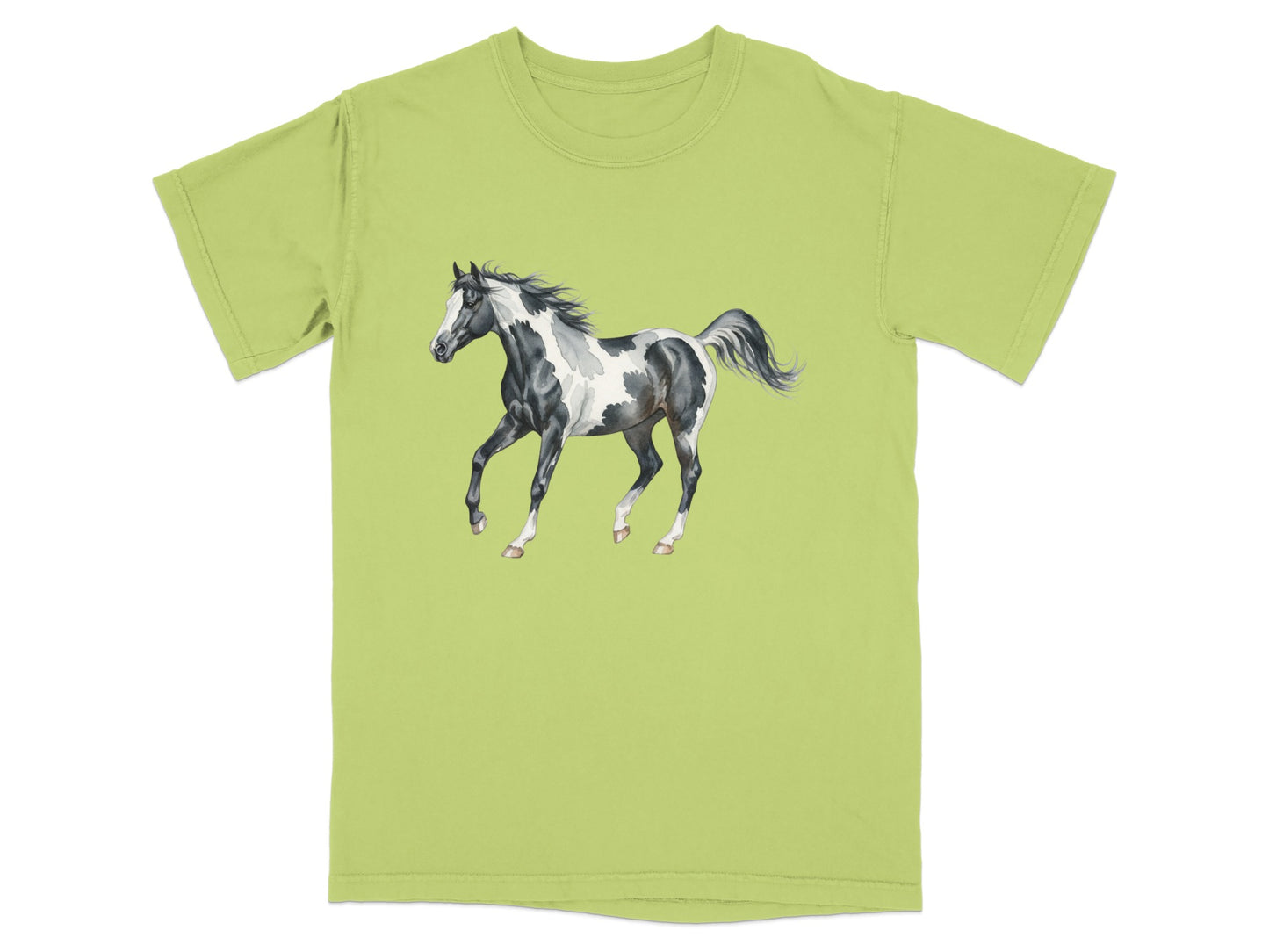 Lime green t-shirt featuring a black and white painted horse illustration.