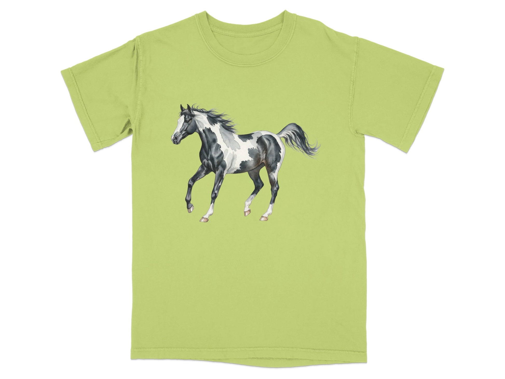 Lime green t-shirt featuring a black and white painted horse illustration.
