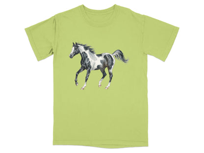 Lime green t-shirt featuring a black and white painted horse illustration.