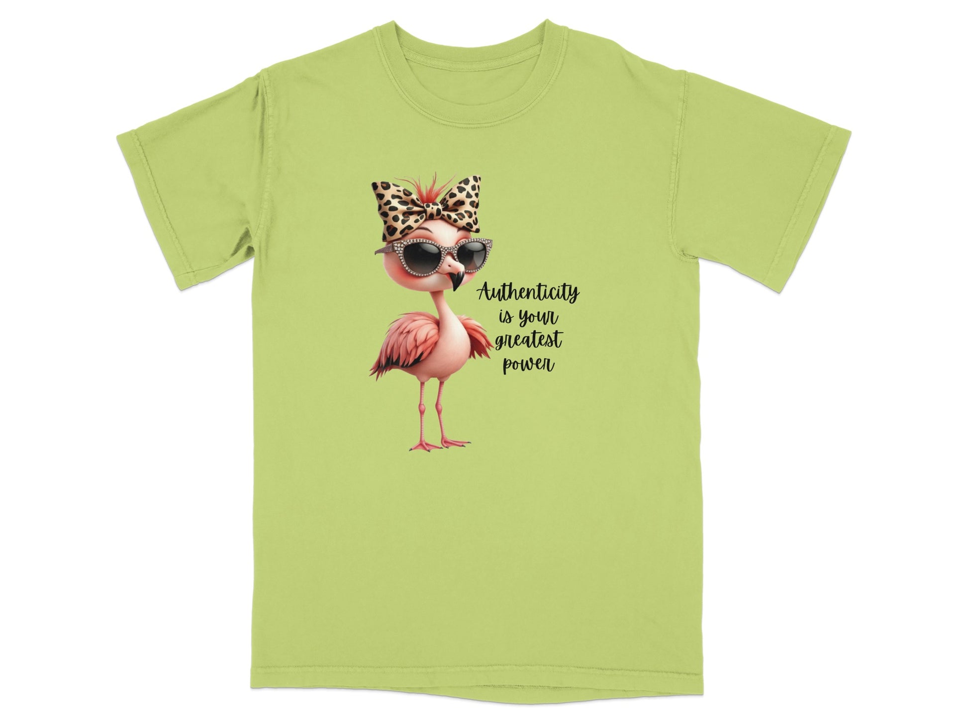 T-shirt with pink flamingo wearing sunglasses and leopard print bow, "Authenticity is your greatest power" text.