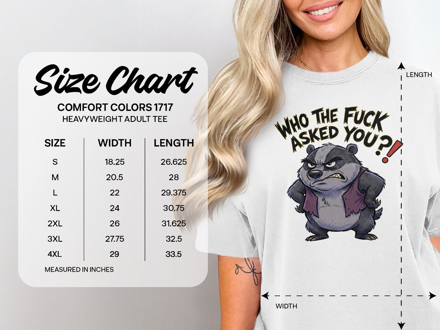 Size chart for heavyweight adult tee with cartoon character and text.