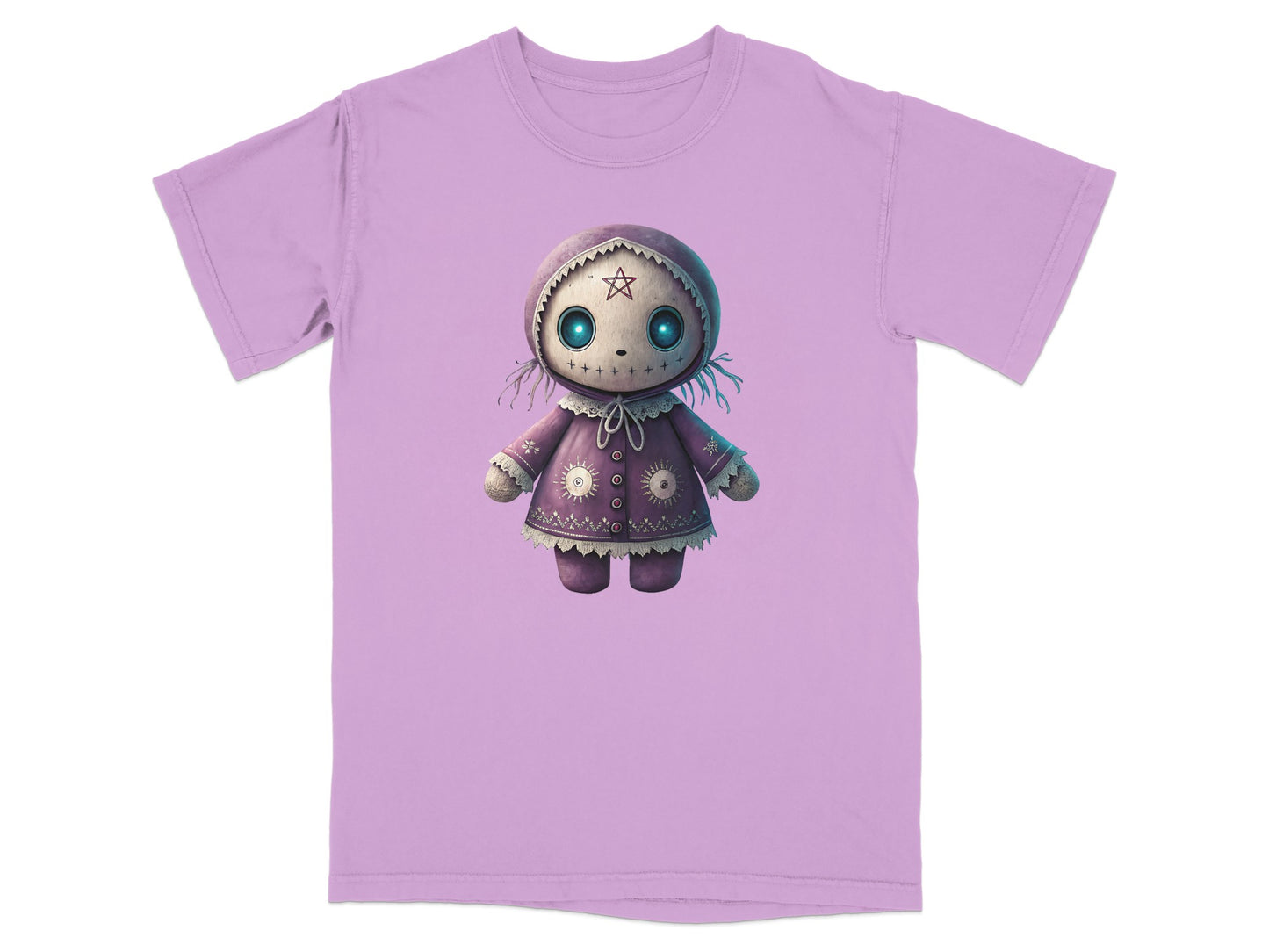 Lilac t-shirt featuring a pastel gothic doll with glowing blue eyes and star accents.