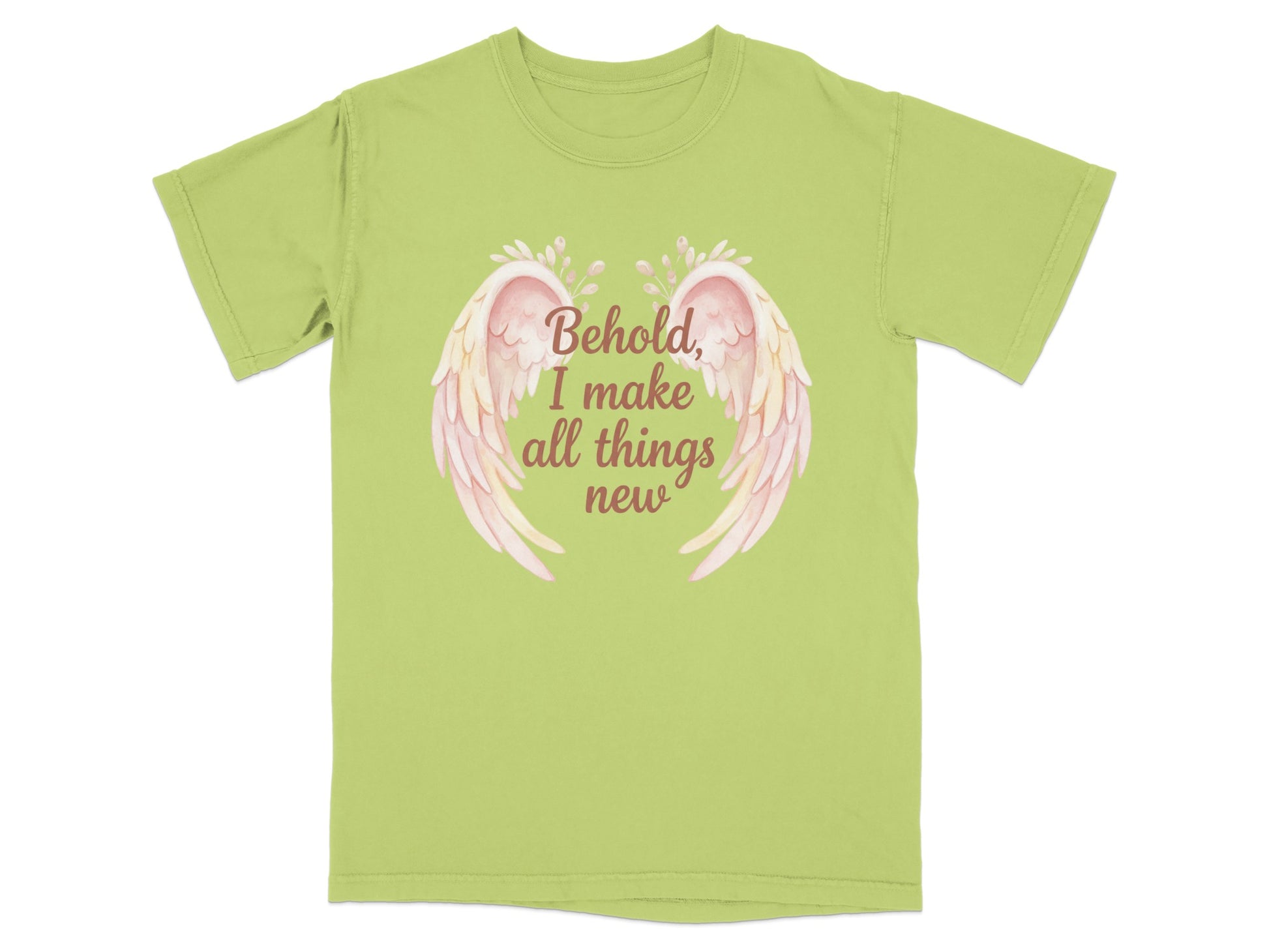 Light green t-shirt with pink wings and text "Behold, I make all things new".