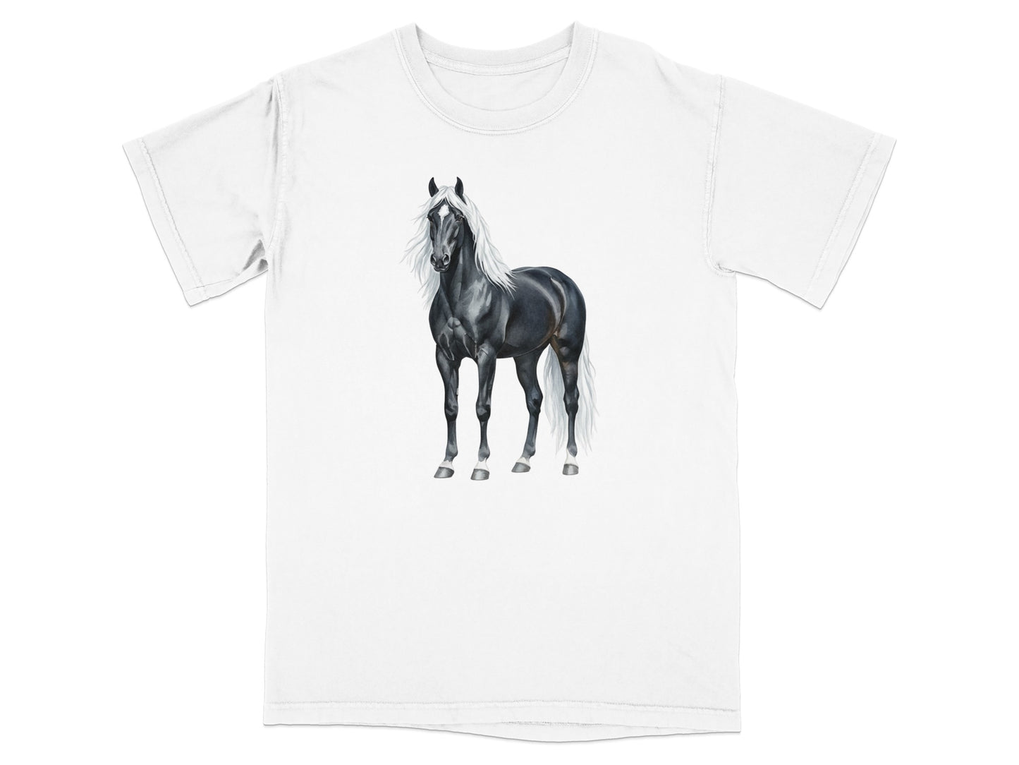 Black horse with white mane and tail on a white t-shirt.