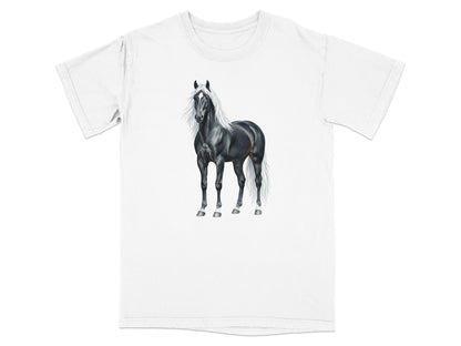 Black horse with white mane and tail on a white t-shirt.