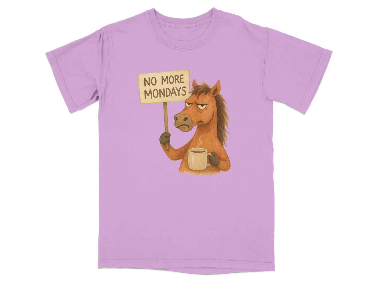 Purple t-shirt with a grumpy horse holding a "No More Mondays" sign and a coffee mug.