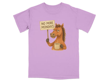 Purple t-shirt with a grumpy horse holding a "No More Mondays" sign and a coffee mug.