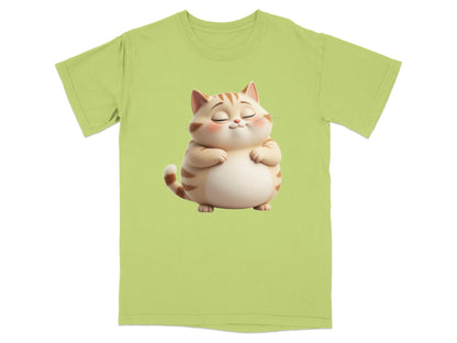 Green t-shirt with cartoon cat graphic and stripes.