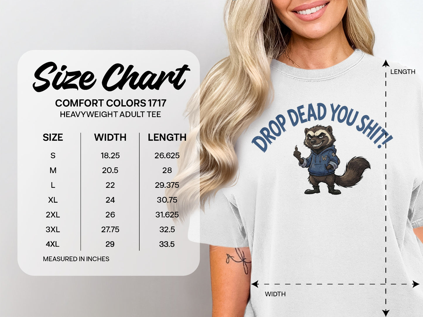Comfort Colors 1717 heavyweight adult tee size chart with measurements and graphic.