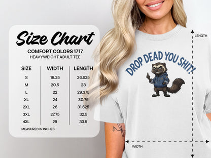 Comfort Colors 1717 heavyweight adult tee size chart with measurements and graphic.