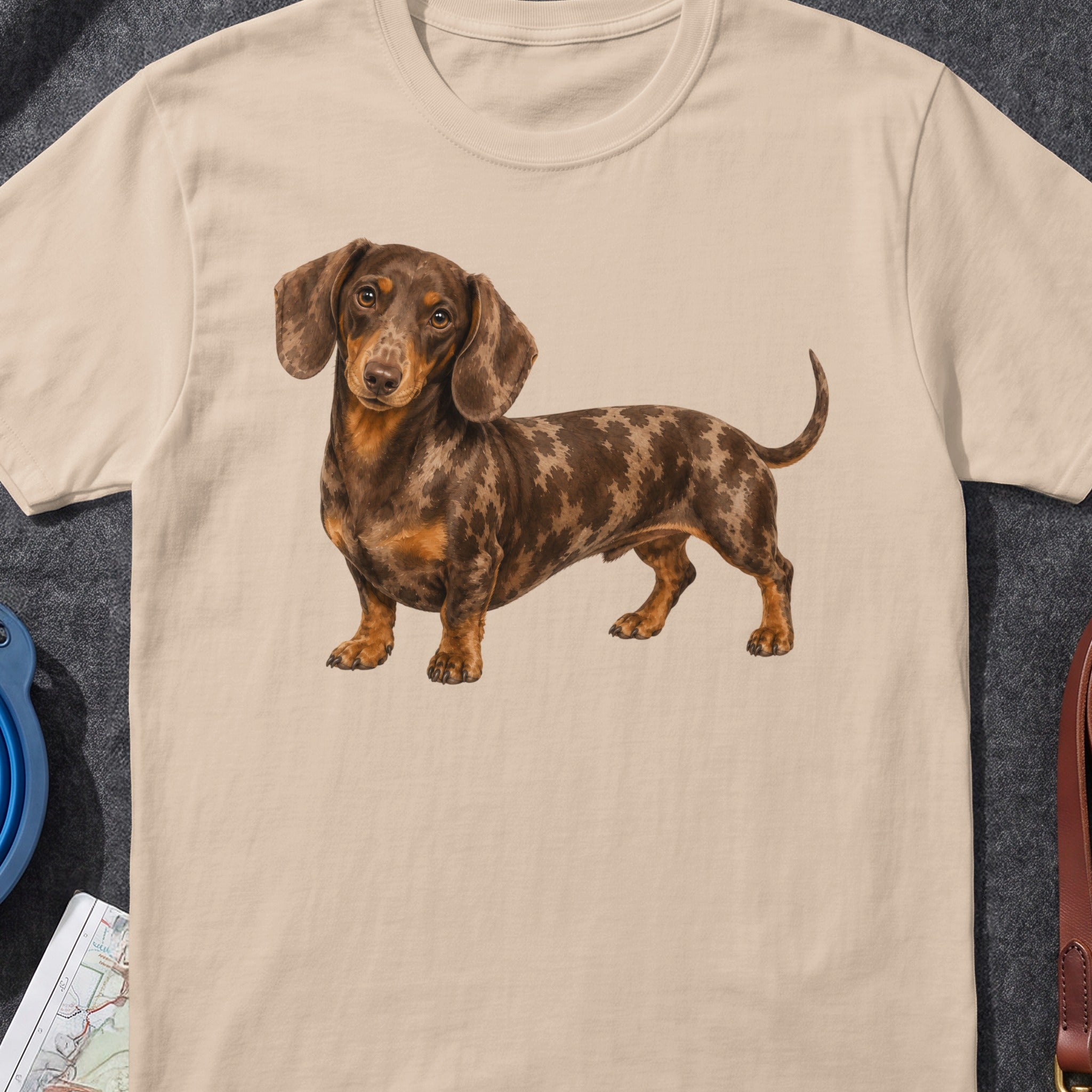 Dachshund with merle coat on a beige t-shirt.