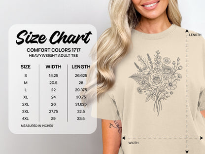 Comfort Colors 1717 heavyweight adult tee size chart with measurements.