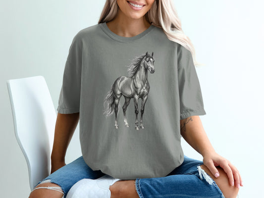 Gray t-shirt with a realistic illustration of a majestic horse in motion.