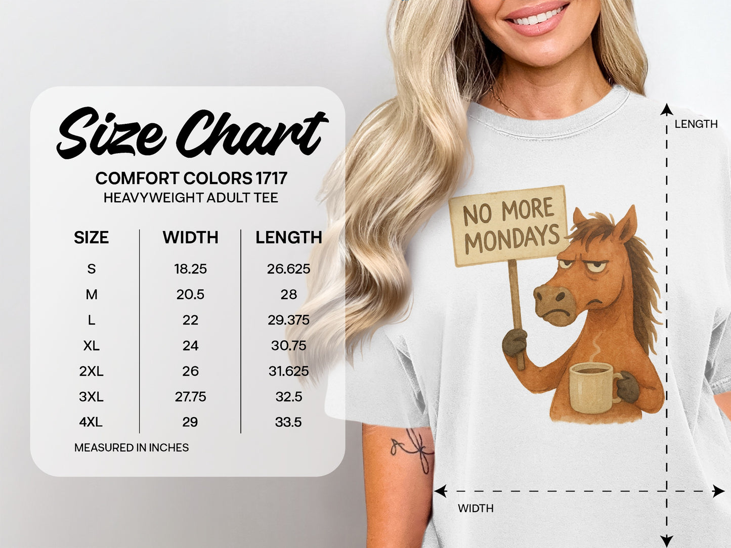 Comfort Colors 1717 heavyweight adult tee size chart with measurements.