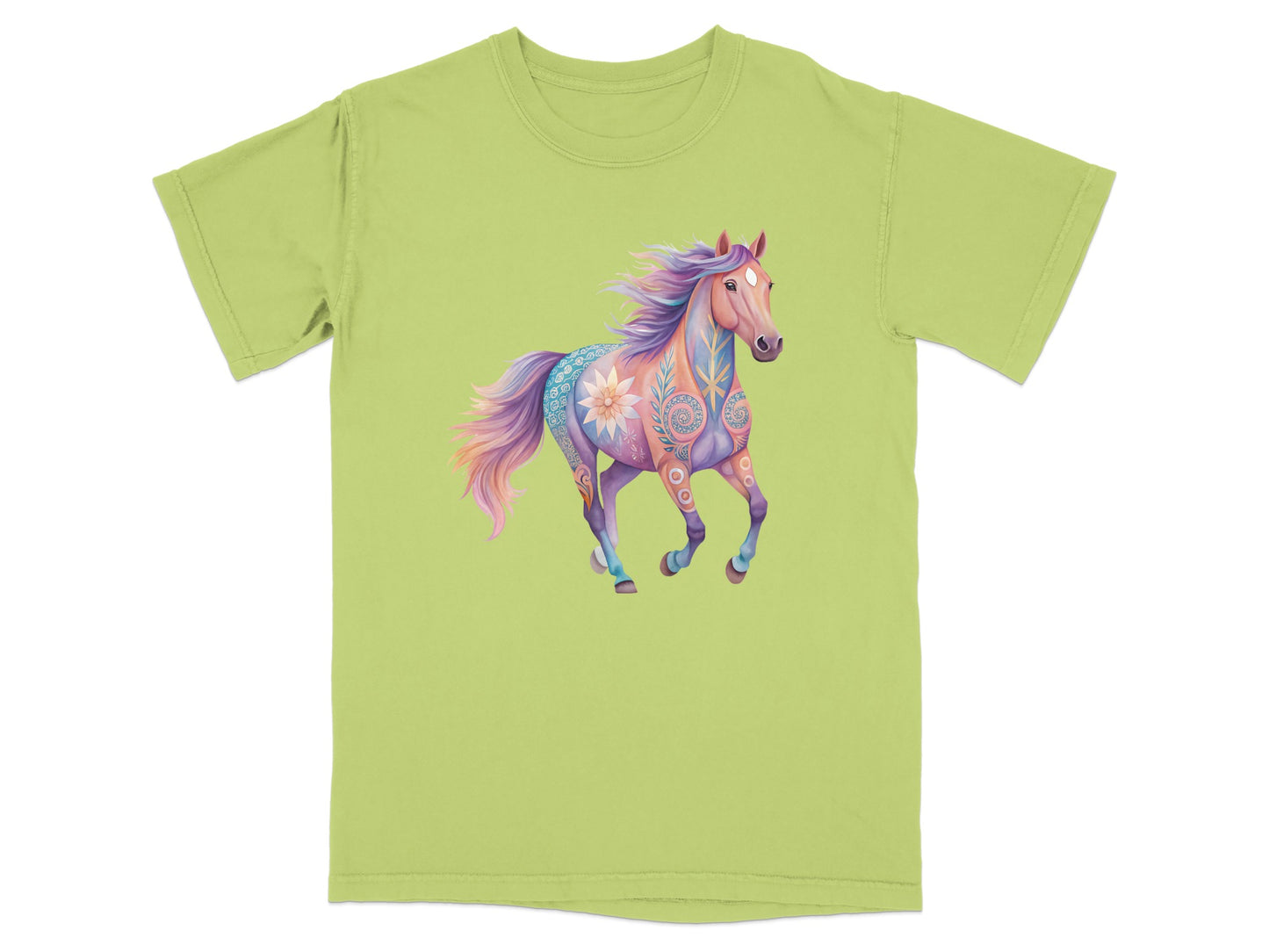 Light green t-shirt with colorful horse graphic featuring floral and paisley patterns.