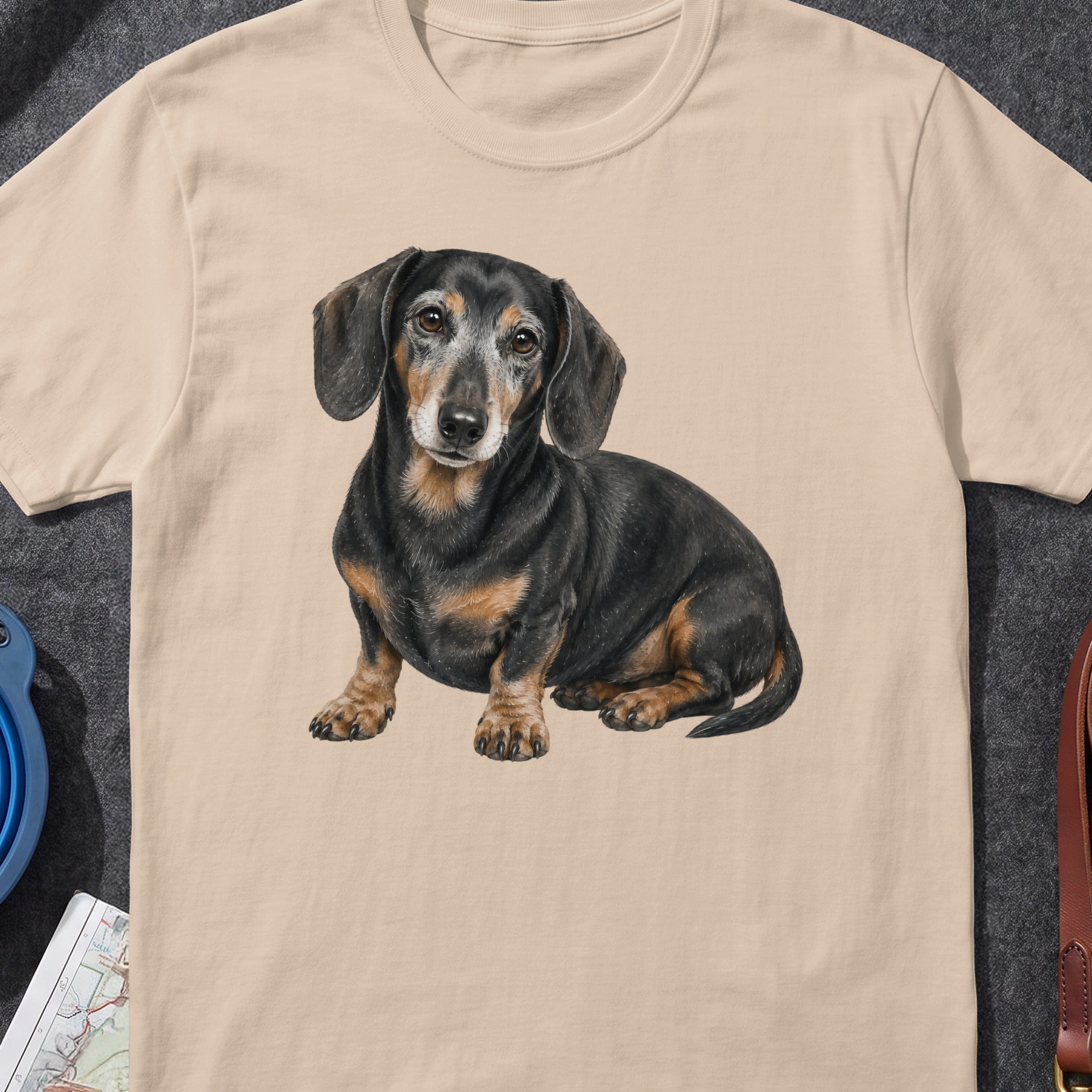 Tan t-shirt with a black and tan dachshund illustration.
