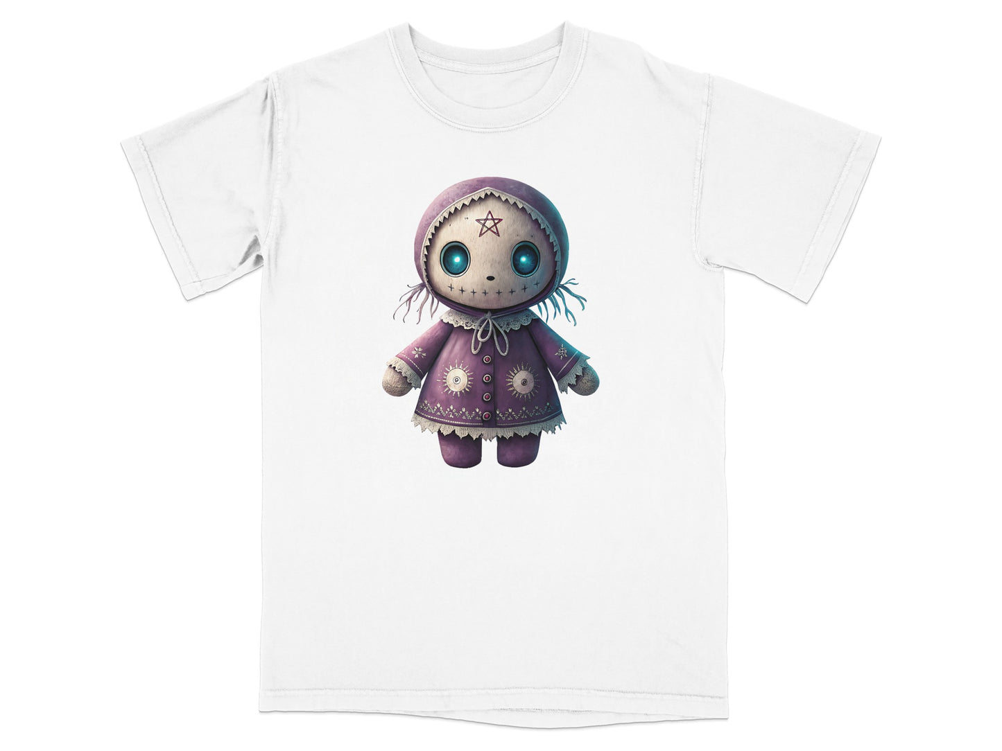 White t-shirt with a gothic doll wearing a purple romper.