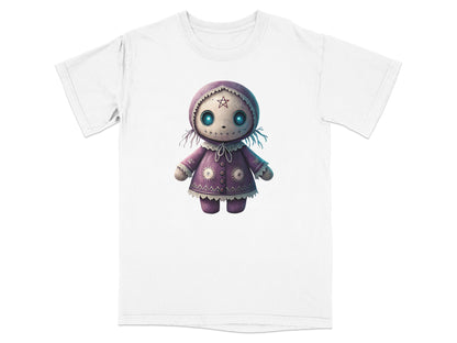 White t-shirt with a gothic doll wearing a purple romper.