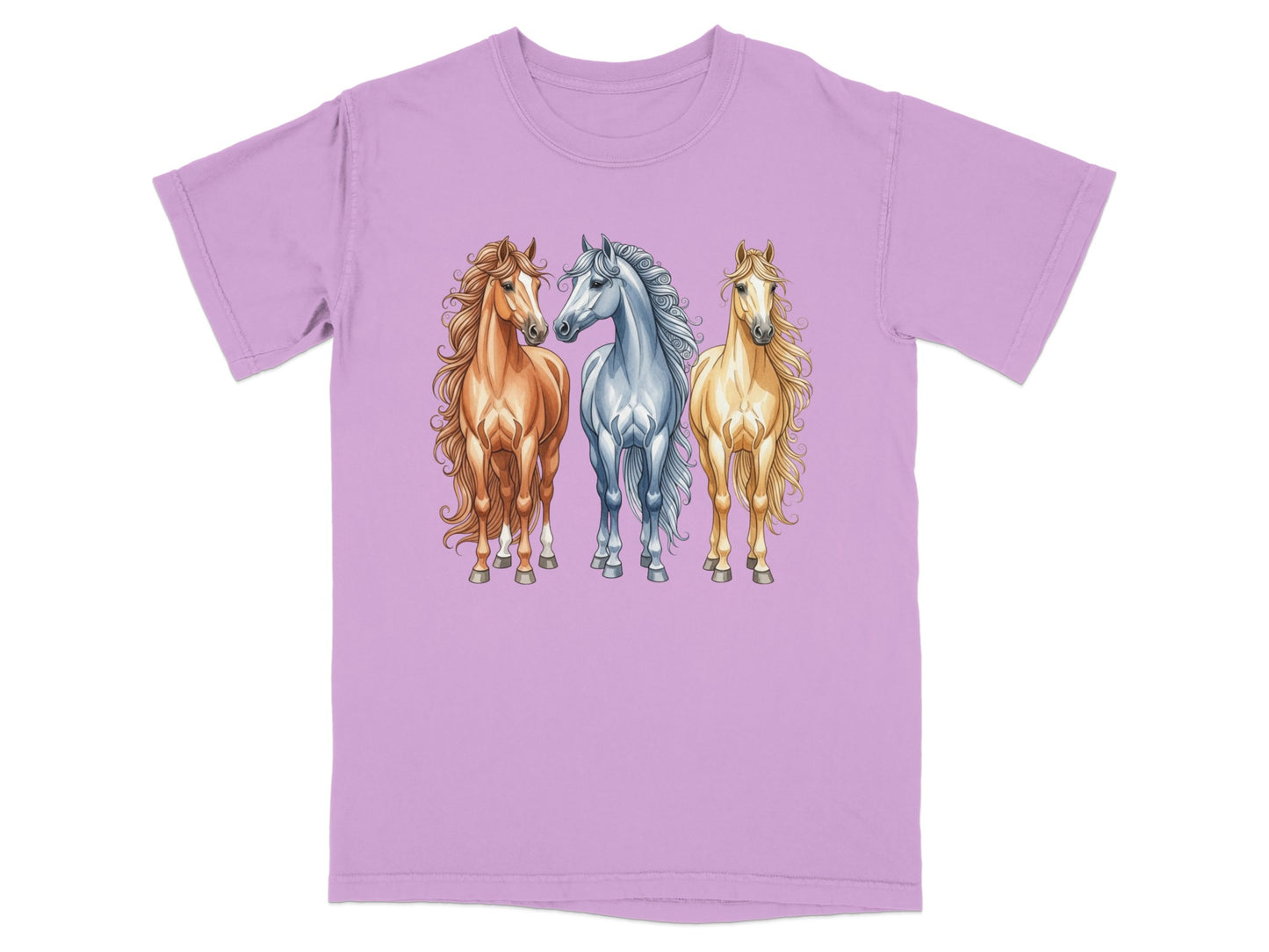 Three horses, white, brown, and grey, stand side by side on a purple t-shirt.