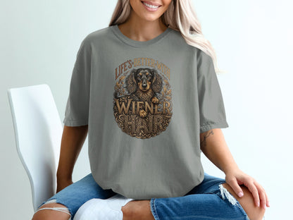 T-shirt featuring a dachshund in a circular, ornate design with "Life's Better with Wiener" text.