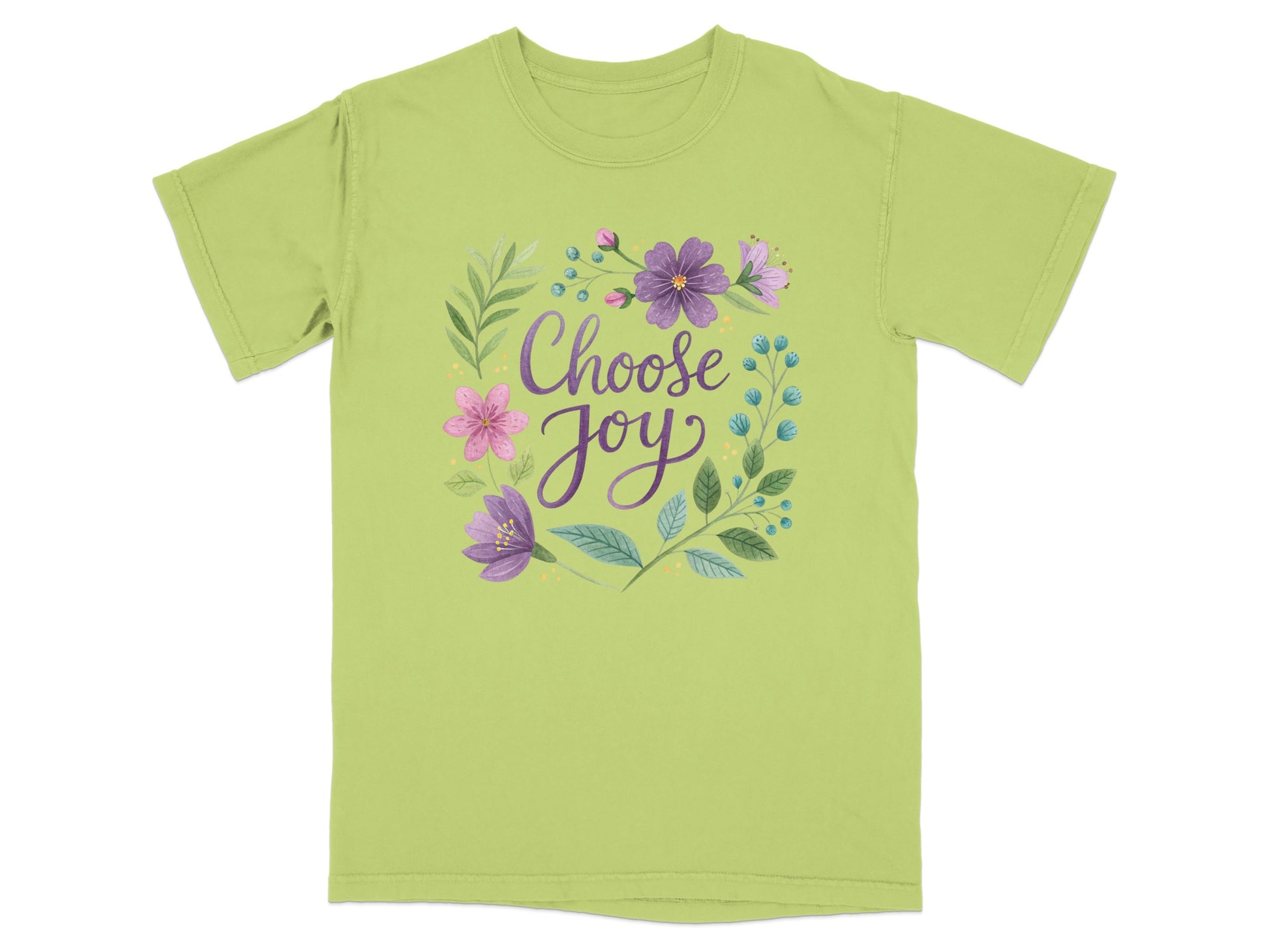 Green t-shirt with "Choose Joy" text and floral design.