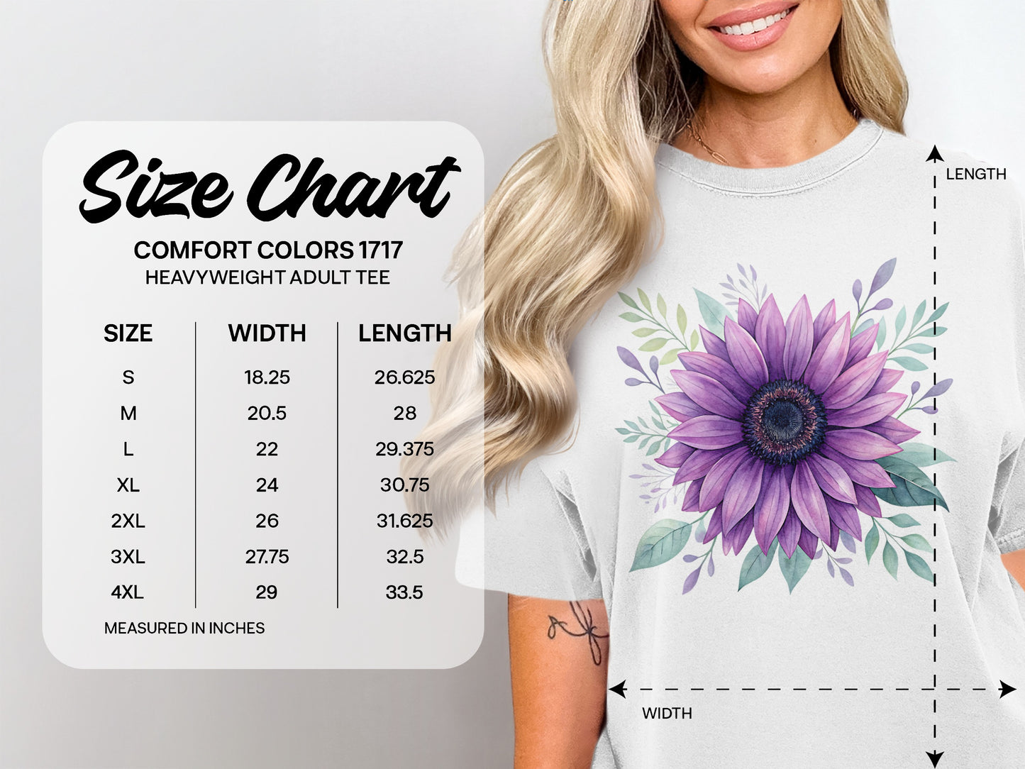 Comfort Colors 1717 heavyweight adult tee size chart with measurements.