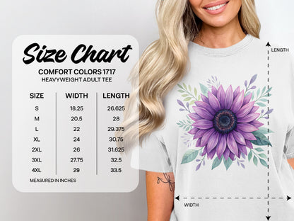 Comfort Colors 1717 heavyweight adult tee size chart with measurements.