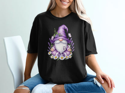 Black t-shirt with gnome and lavender floral graphic.