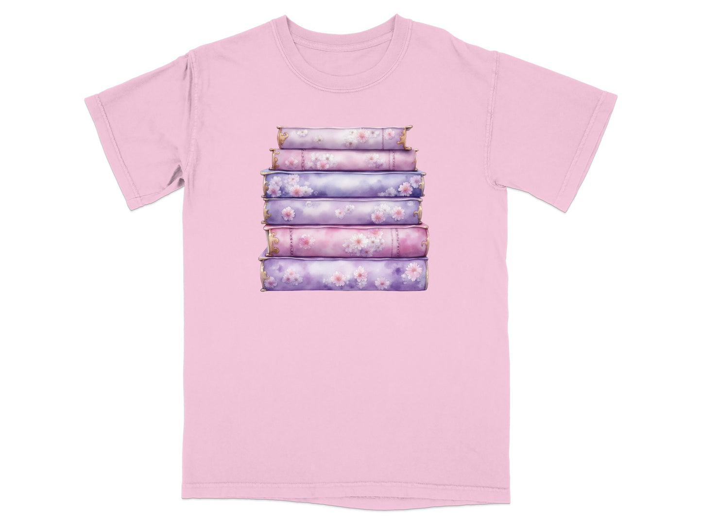 Stack of five fantasy books with floral details, printed on a pink t-shirt.