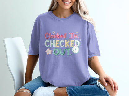 Purple t-shirt with "Clocked In, Checked Out" text and clock graphic.