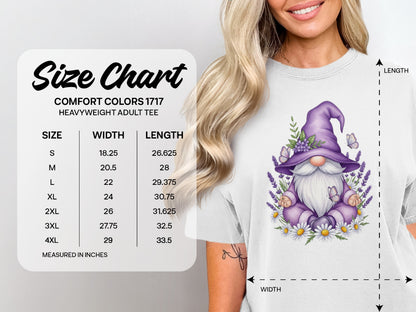 Size chart for Comfort Colors 1717 heavyweight adult tee with gnome graphic.