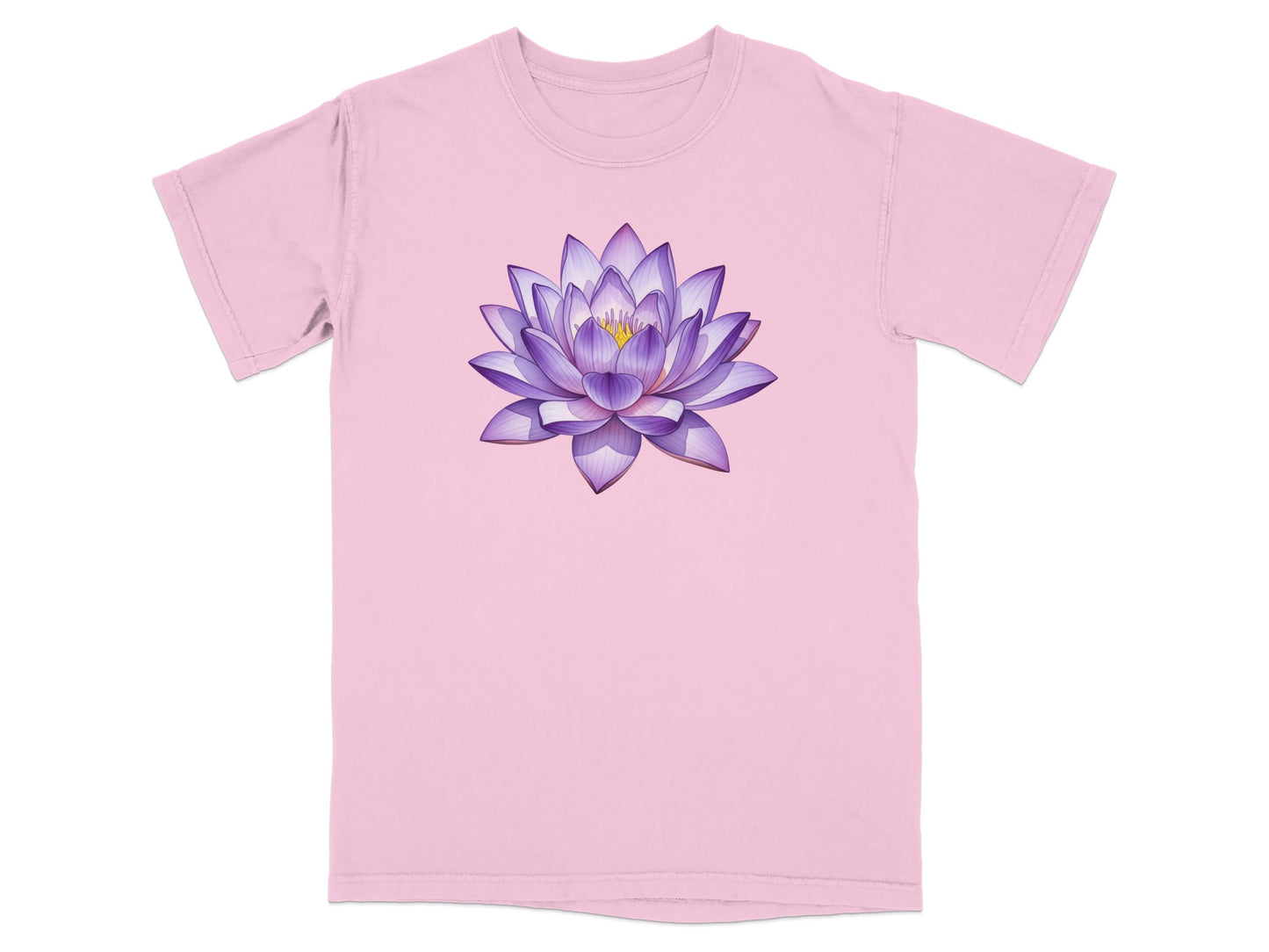 Pink t-shirt with a purple and yellow lotus flower graphic.