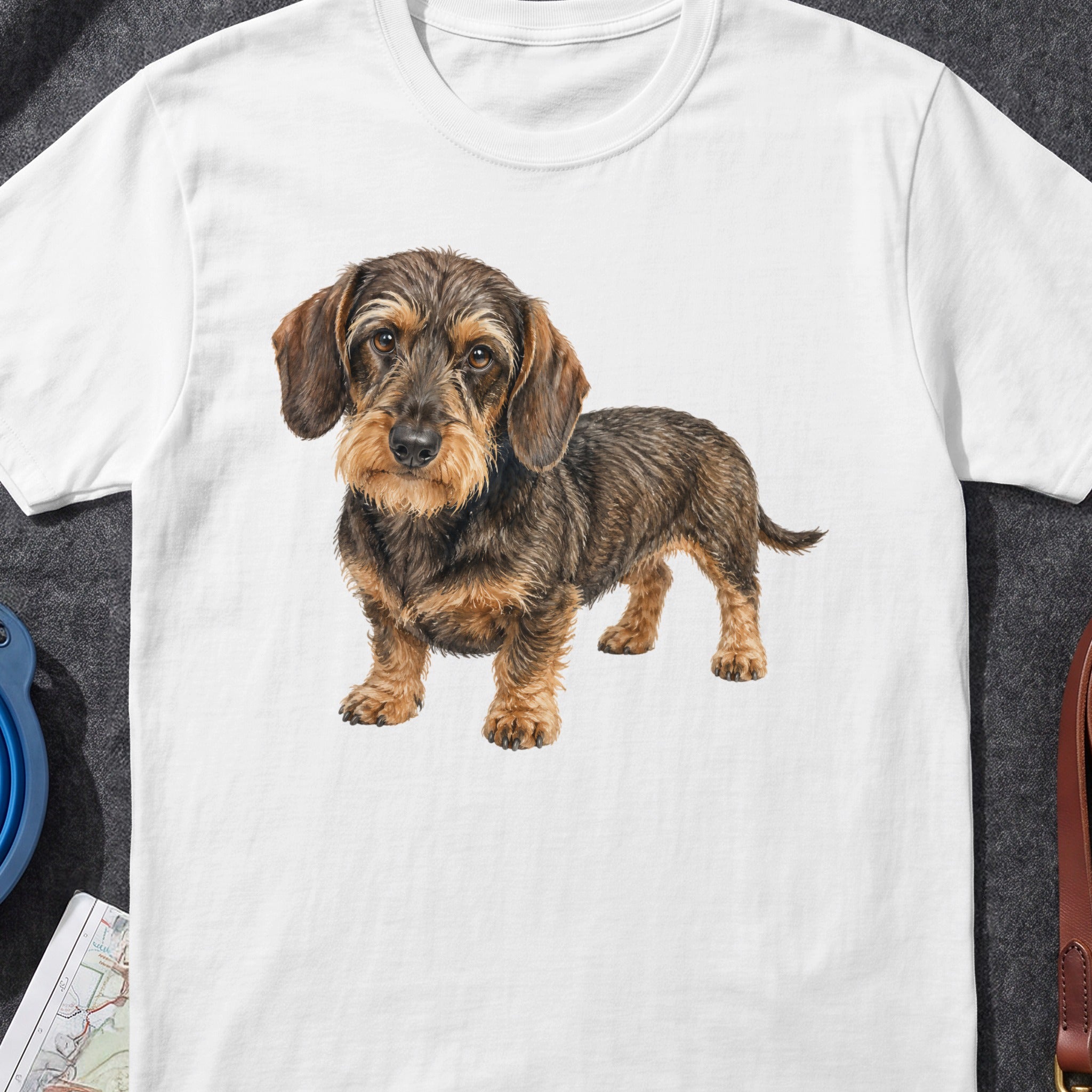 Watercolor painting of a wirehaired dachshund standing on a white t-shirt.